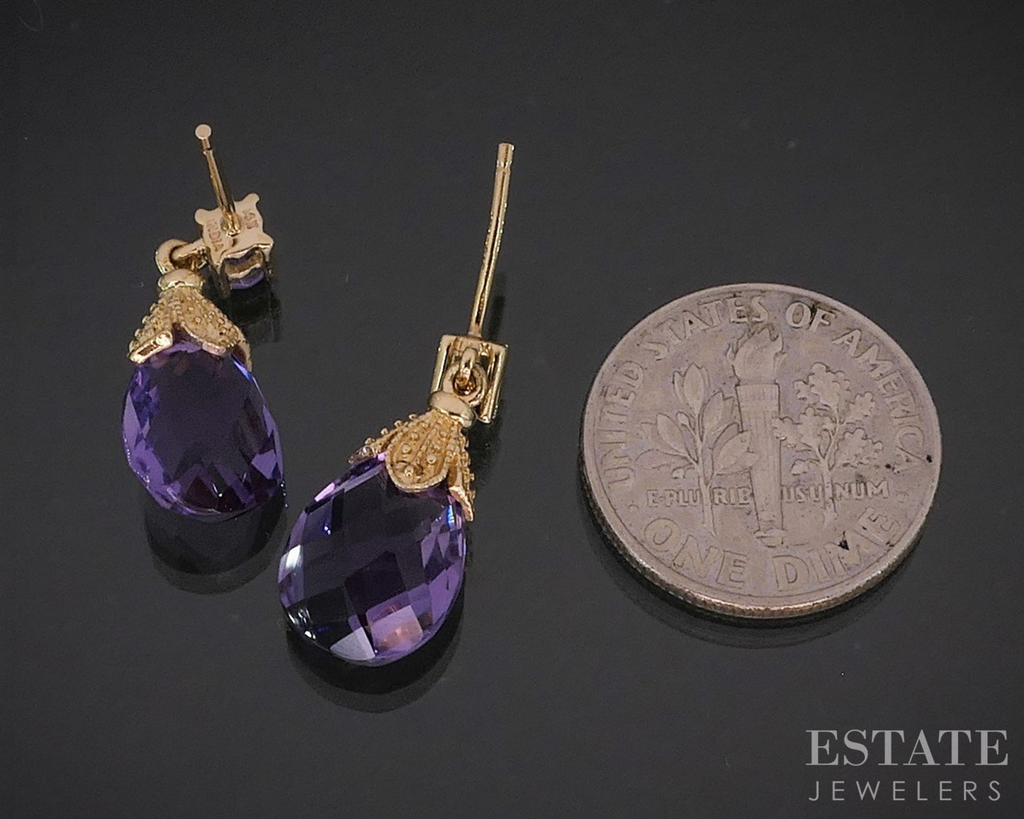 14k Yellow Gold Pear Cut Natural Amethyst Dangle Ladies Earrings 2.5g i19843b