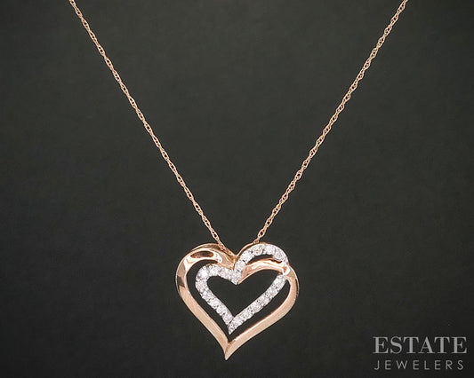 10k Rose Gold Natural Diamond Open Heart Necklace 1.6g 18"L i19842b