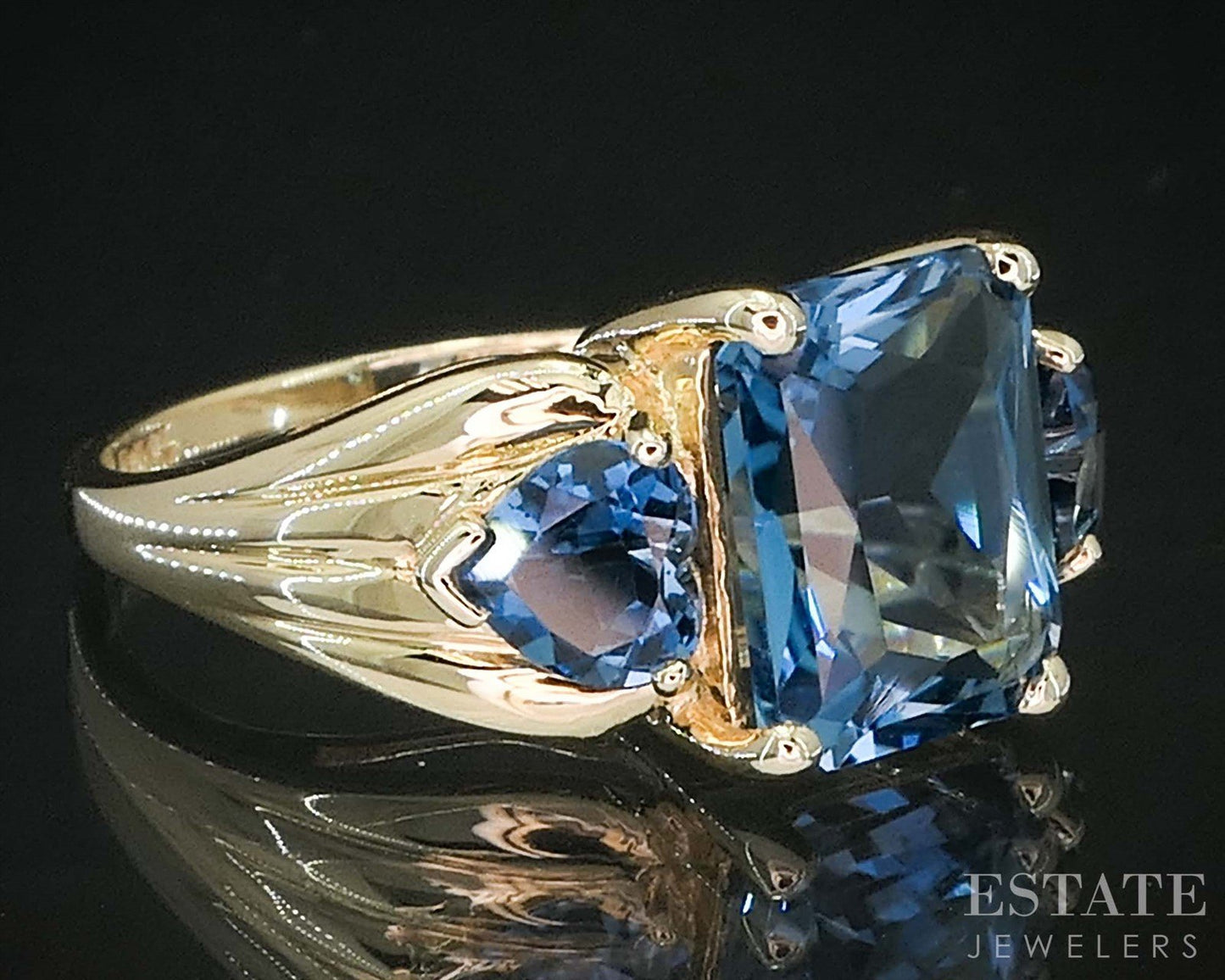 14k Yellow Gold Natural London Blue Topaz Ladies Band Ring 4.1g i19840b