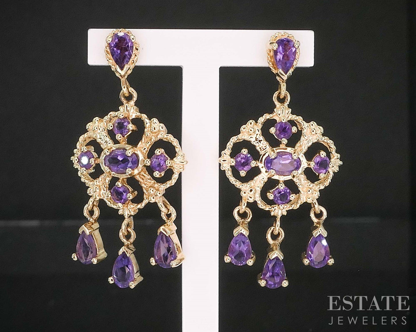 10k Yellow Gold Natural Amethyst Dangle Ladies Earrings 5.2g i19837b