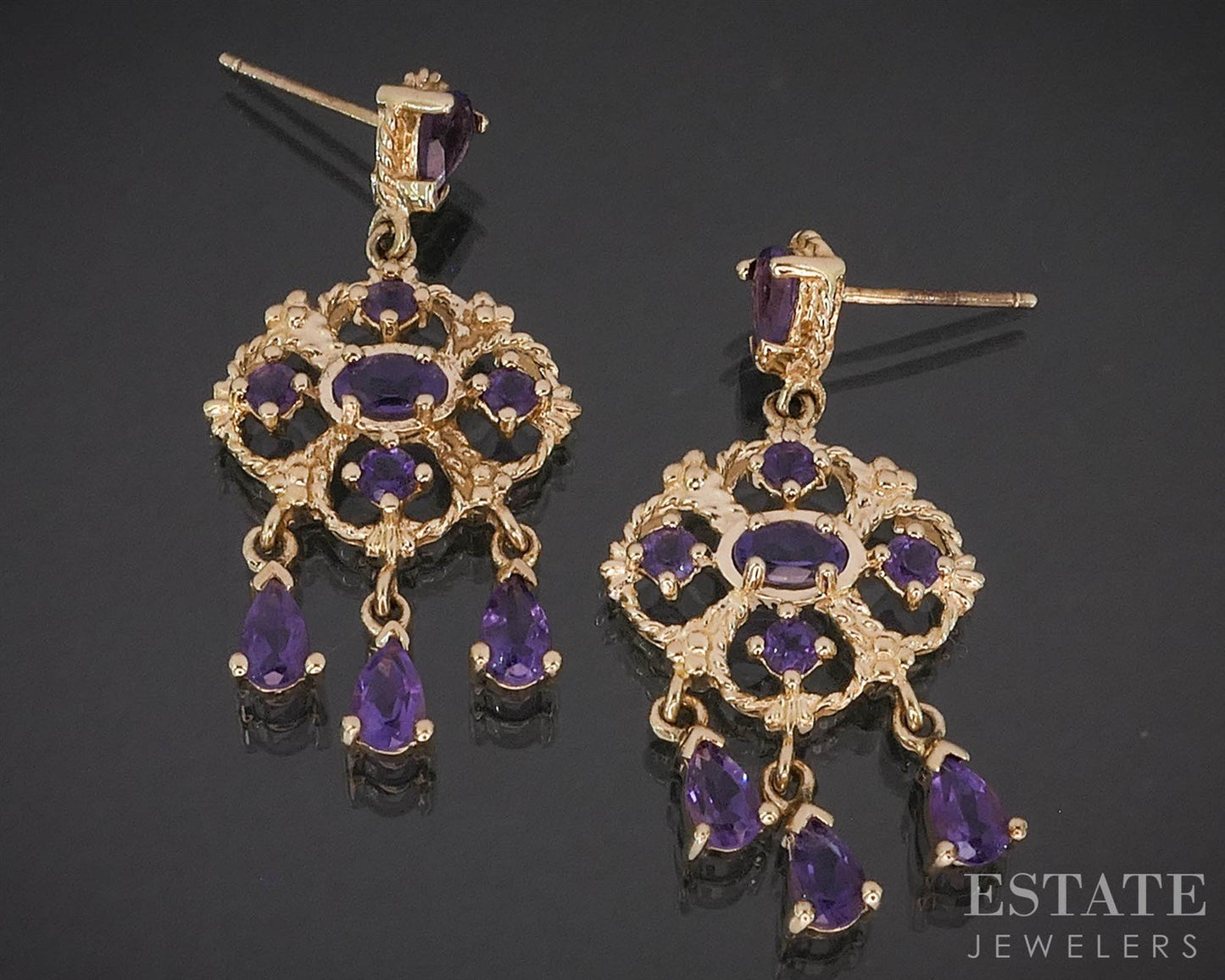 10k Yellow Gold Natural Amethyst Dangle Ladies Earrings 5.2g i19837b