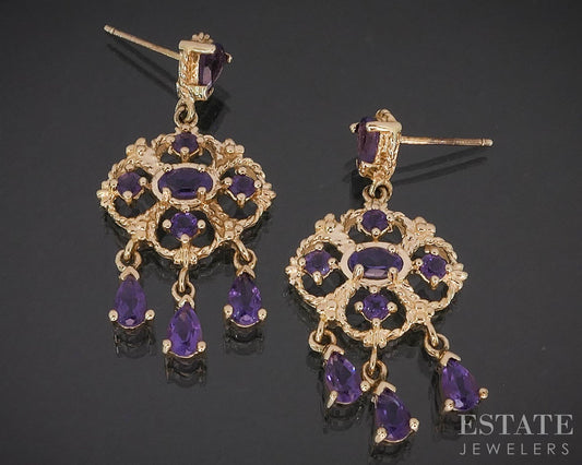 10k Yellow Gold Natural Amethyst Dangle Ladies Earrings 5.2g i19837b