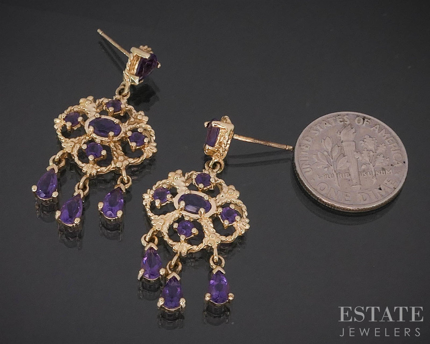 10k Yellow Gold Natural Amethyst Dangle Ladies Earrings 5.2g i19837b