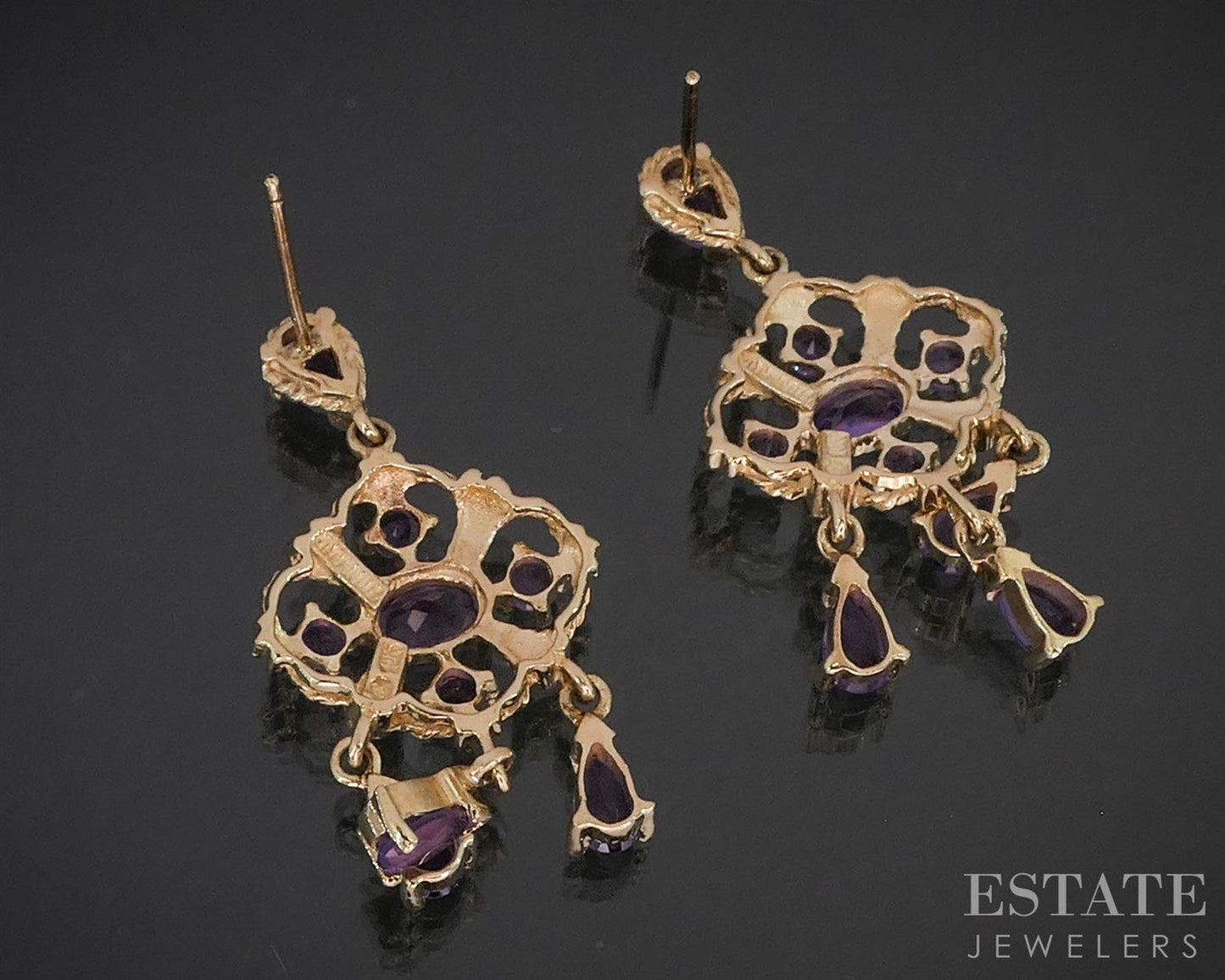 10k Yellow Gold Natural Amethyst Dangle Ladies Earrings 5.2g i19837b