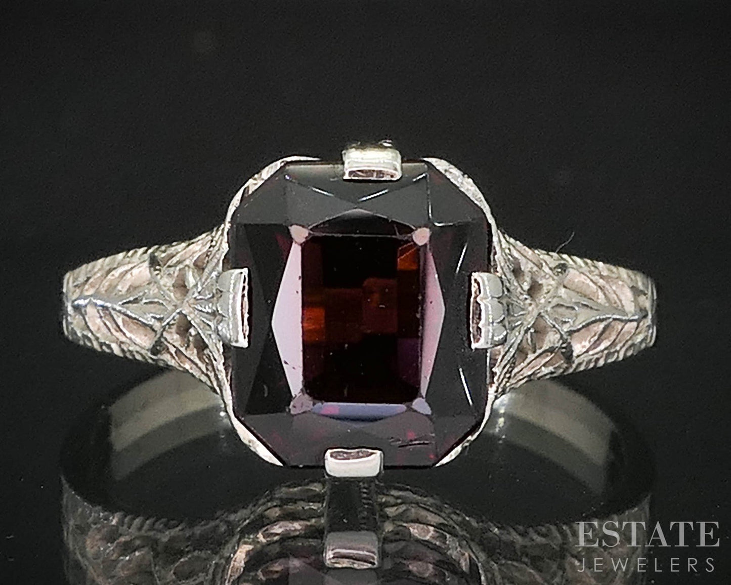 Antique 14k White Gold Natural Garnet Filigree Ring 1.9g i19851b