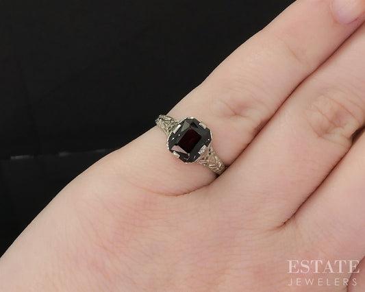 Antique 14k White Gold Natural Garnet Filigree Ring 1.9g i19851b