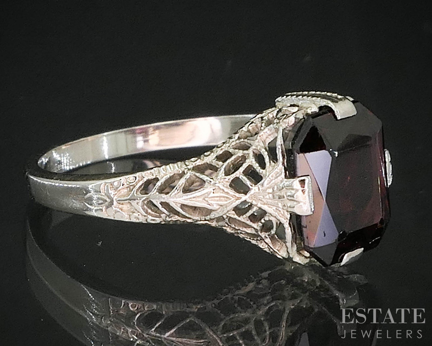 Antique 14k White Gold Natural Garnet Filigree Ring 1.9g i19851b