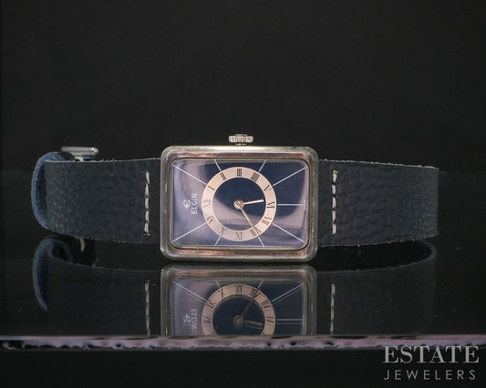 Vintage Sterling Silver Elgin 17j Blue Dial Art Deco Dress Watch i19888