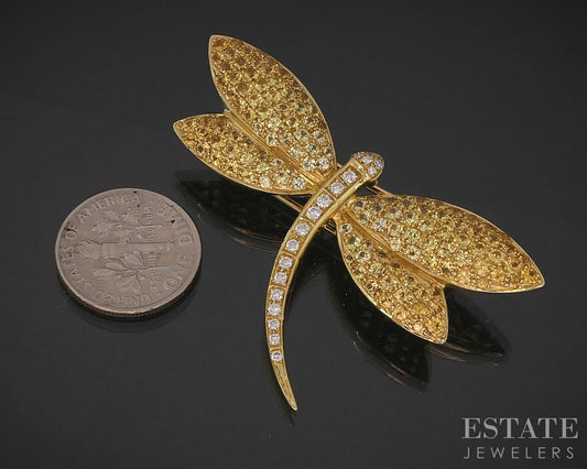 18k Yellow Gold Wempe Yellow Sapphire & Diamond Dragonfly Brooch 14.5g p87496