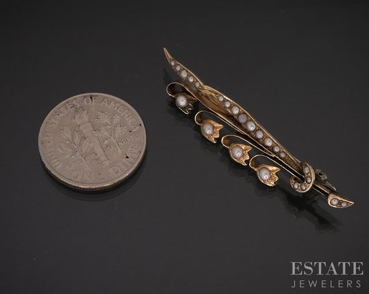 Antique 10k Yellow Gold Lily of the Valley Seed Pearl Pin Brooch 1.9g i19875