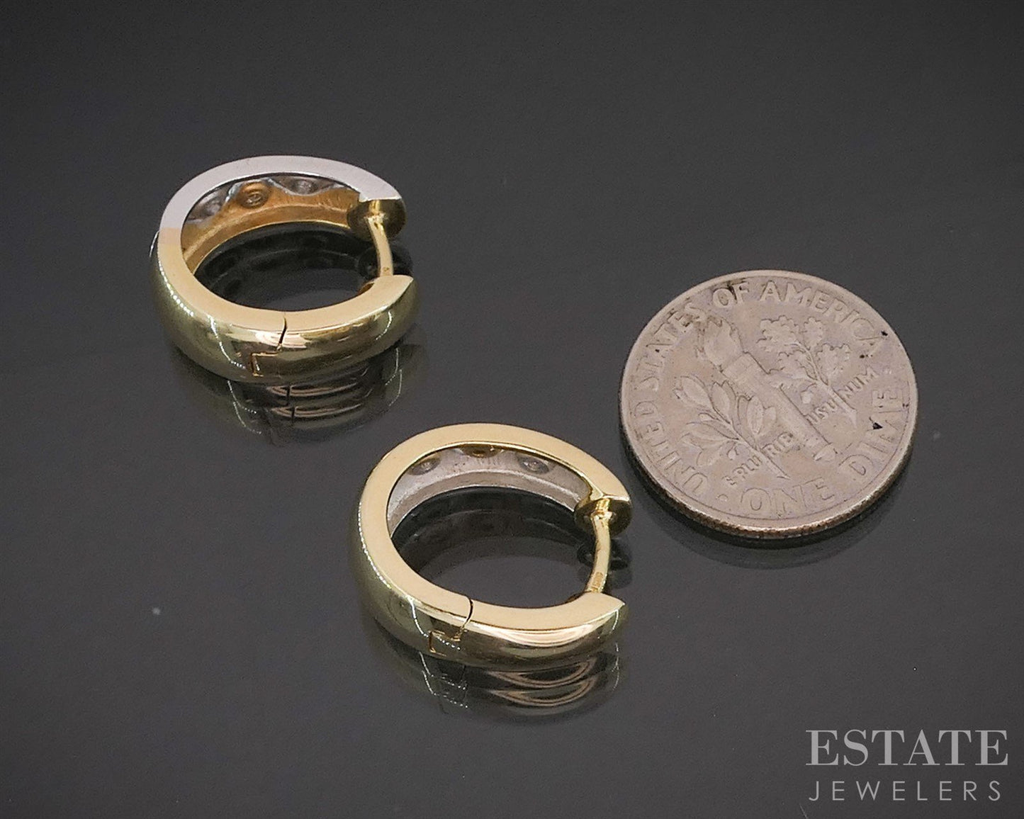 14k White & Yellow Gold Natural .10ctw Diamond Huggie Hoop Earrings 5.6g i19873