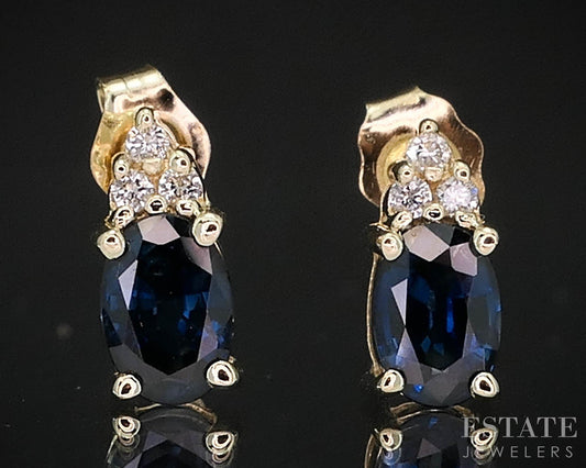 14k Yellow Gold Natural Blue Sapphire & Diamond Stud Earrings 1.7g i19872