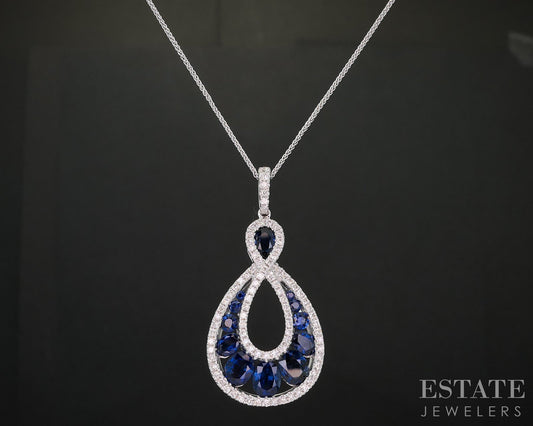 18k/14k White Gold Natural Blue Sapphire & Diamond Necklace 5.1g 18"L i19869