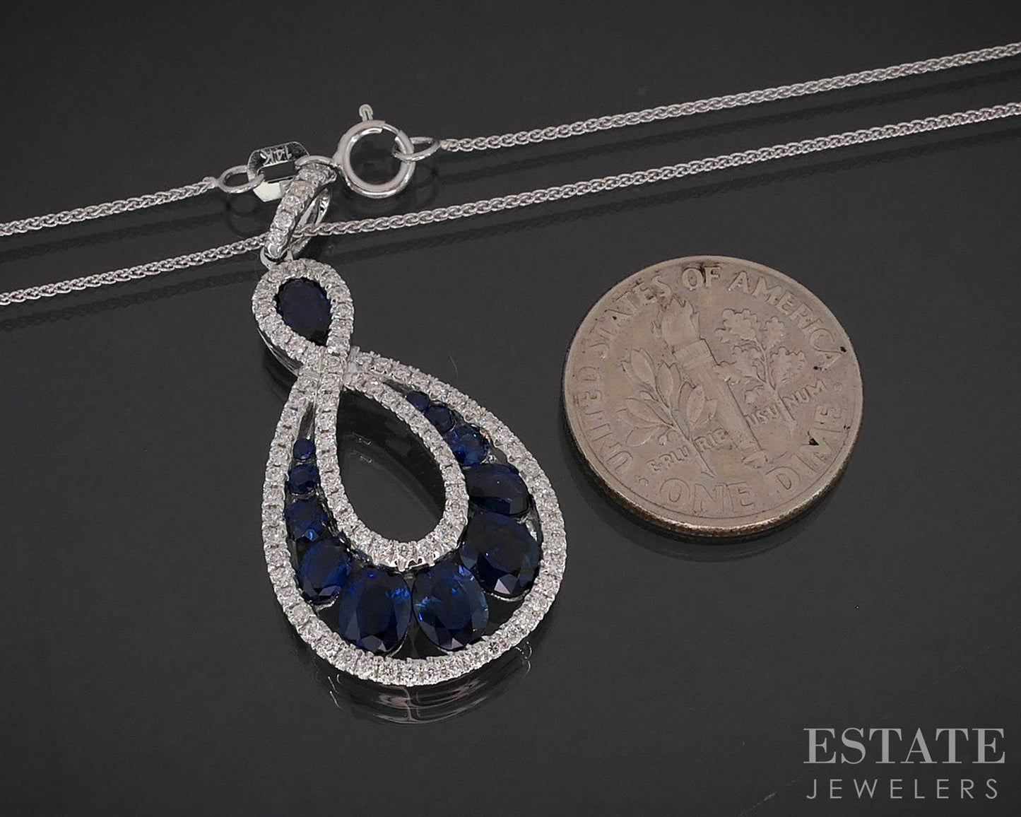 18k/14k White Gold Natural Blue Sapphire & Diamond Necklace 5.1g 18"L i19869