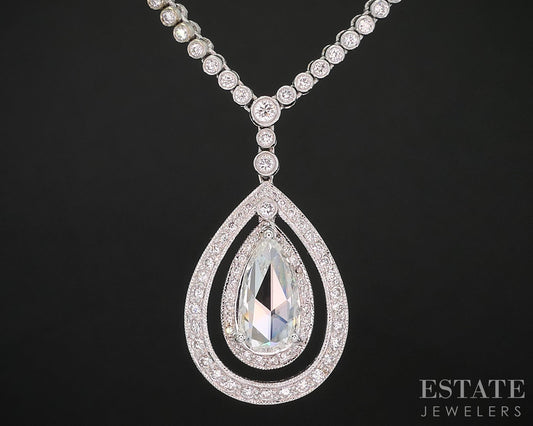 18k White Gold Natural 3.18ctw Diamond Teardrop Tennis Necklace 19.4g i19867