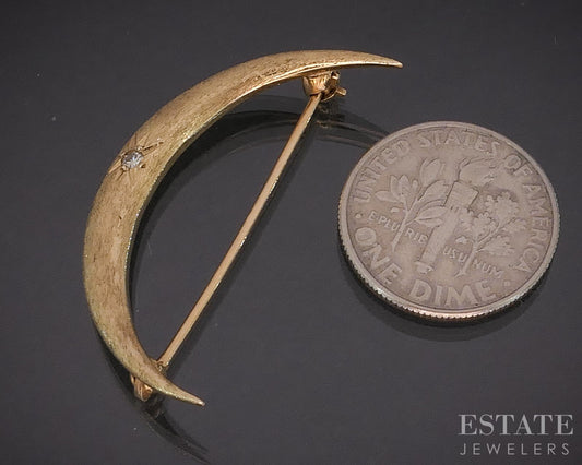 Antique Victorian 14k Yellow Gold Diamond Crescent Moon Pin Brooch 2.6g i19913b