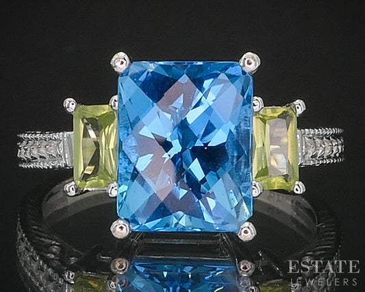 14k White Gold EFFY Natural Blue Topaz & Peridot Ladies Ring 5.2g i19912b