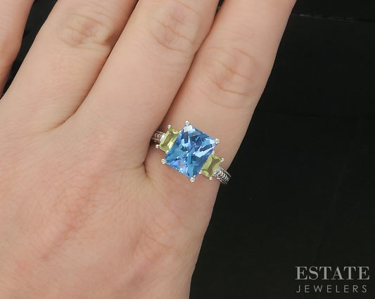 14k White Gold EFFY Natural Blue Topaz & Peridot Ladies Ring 5.2g i19912b