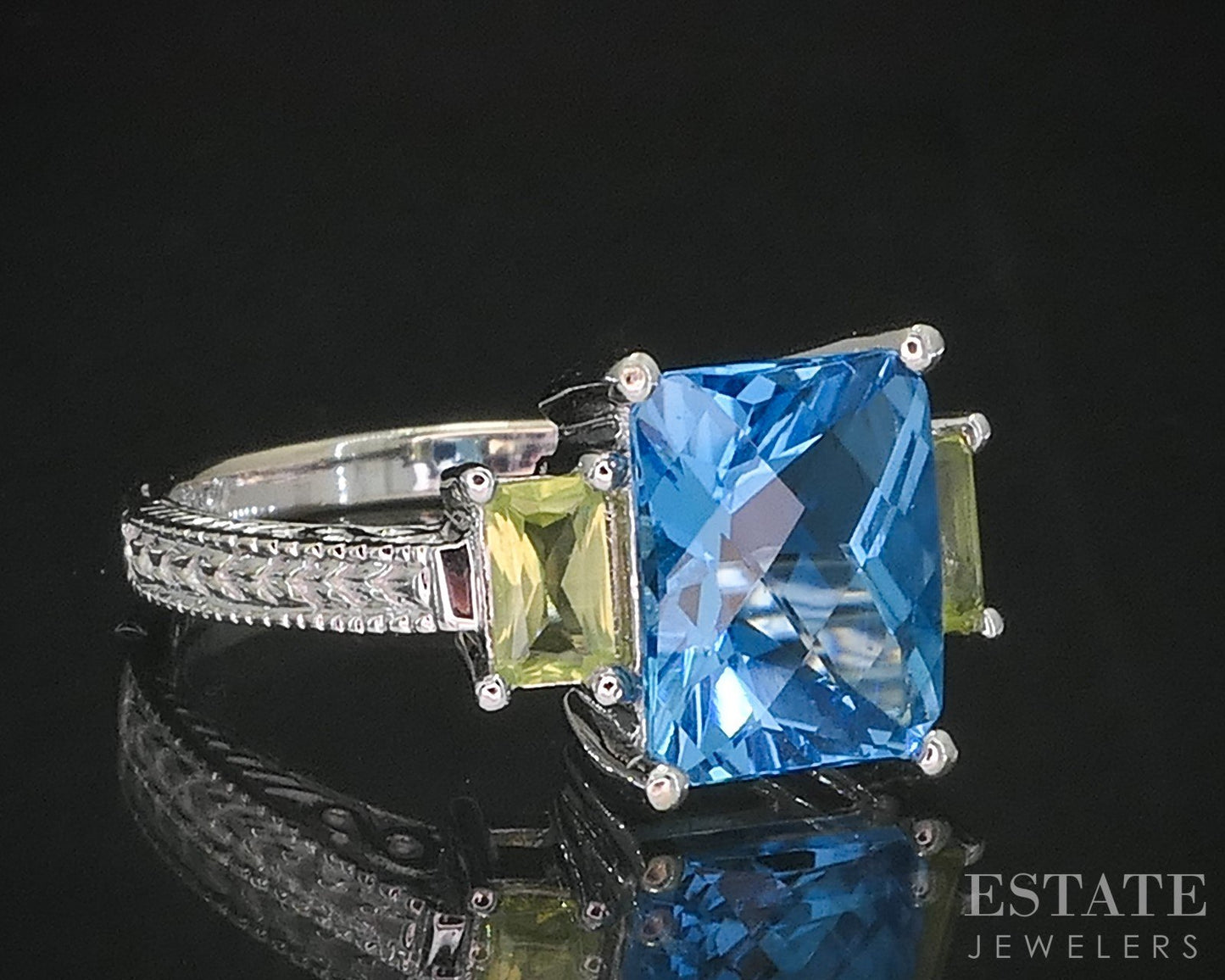 14k White Gold EFFY Natural Blue Topaz & Peridot Ladies Ring 5.2g i19912b