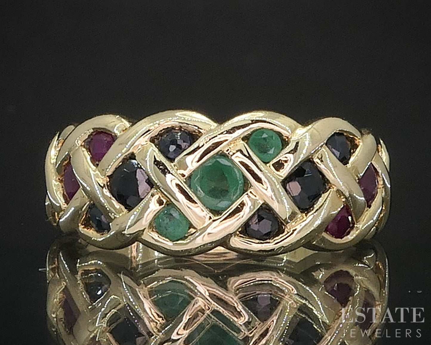 14k Yellow Gold Natural Multi Gem Celtic Knot Ladies Band Ring 3.6g i19903b