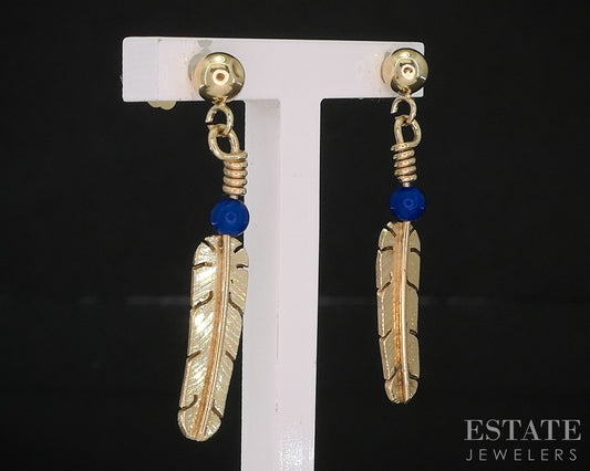 14k Yellow Gold Natural Lapis Richard Begay Navajo Feather Earrings 1.6g i19931