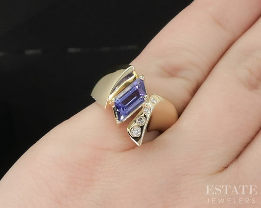 14k Yellow Gold Step Cut Natural Tanzanite & Diamond Custom Ring 11.9g i19893