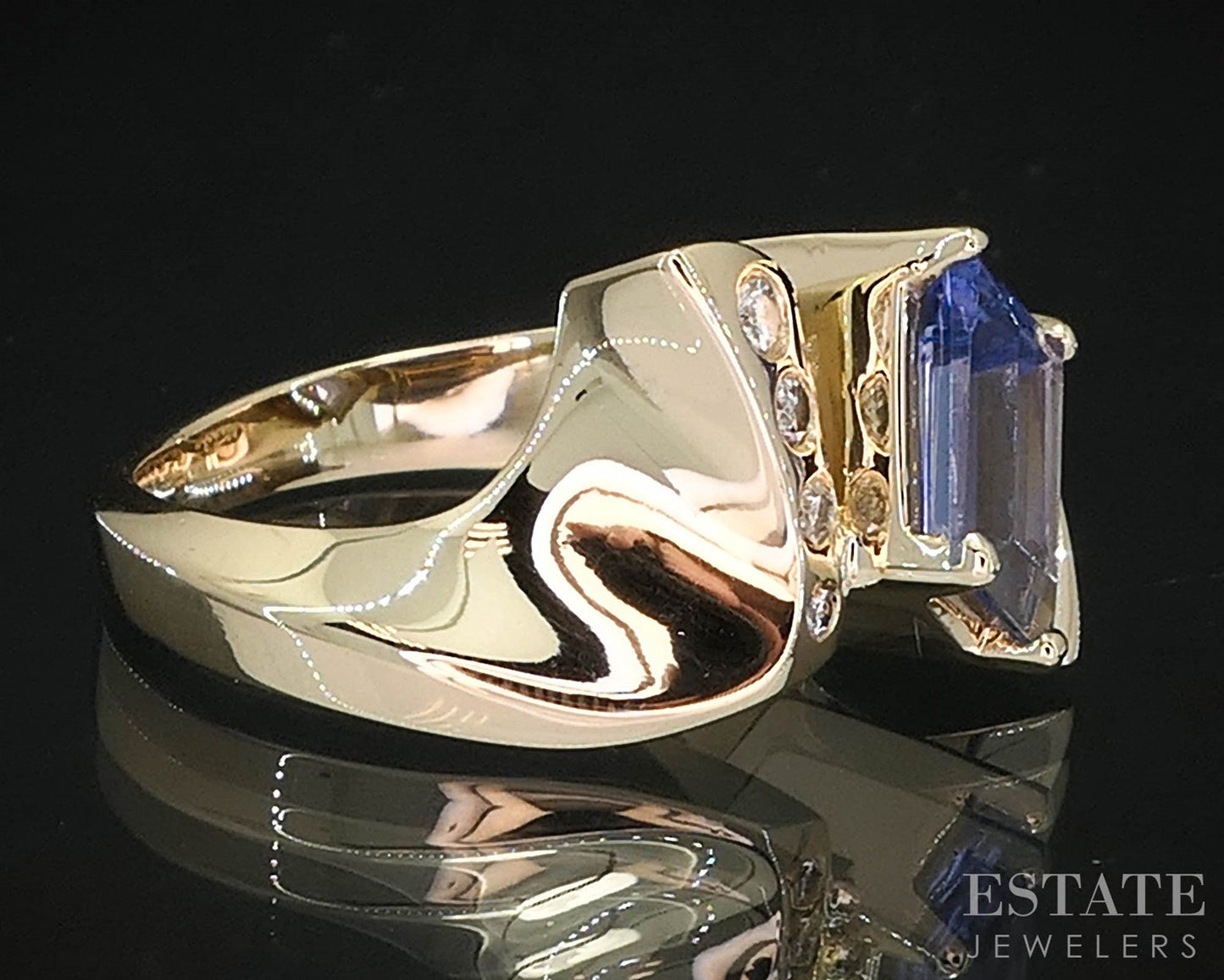 14k Yellow Gold Step Cut Natural Tanzanite & Diamond Custom Ring 11.9g i19893