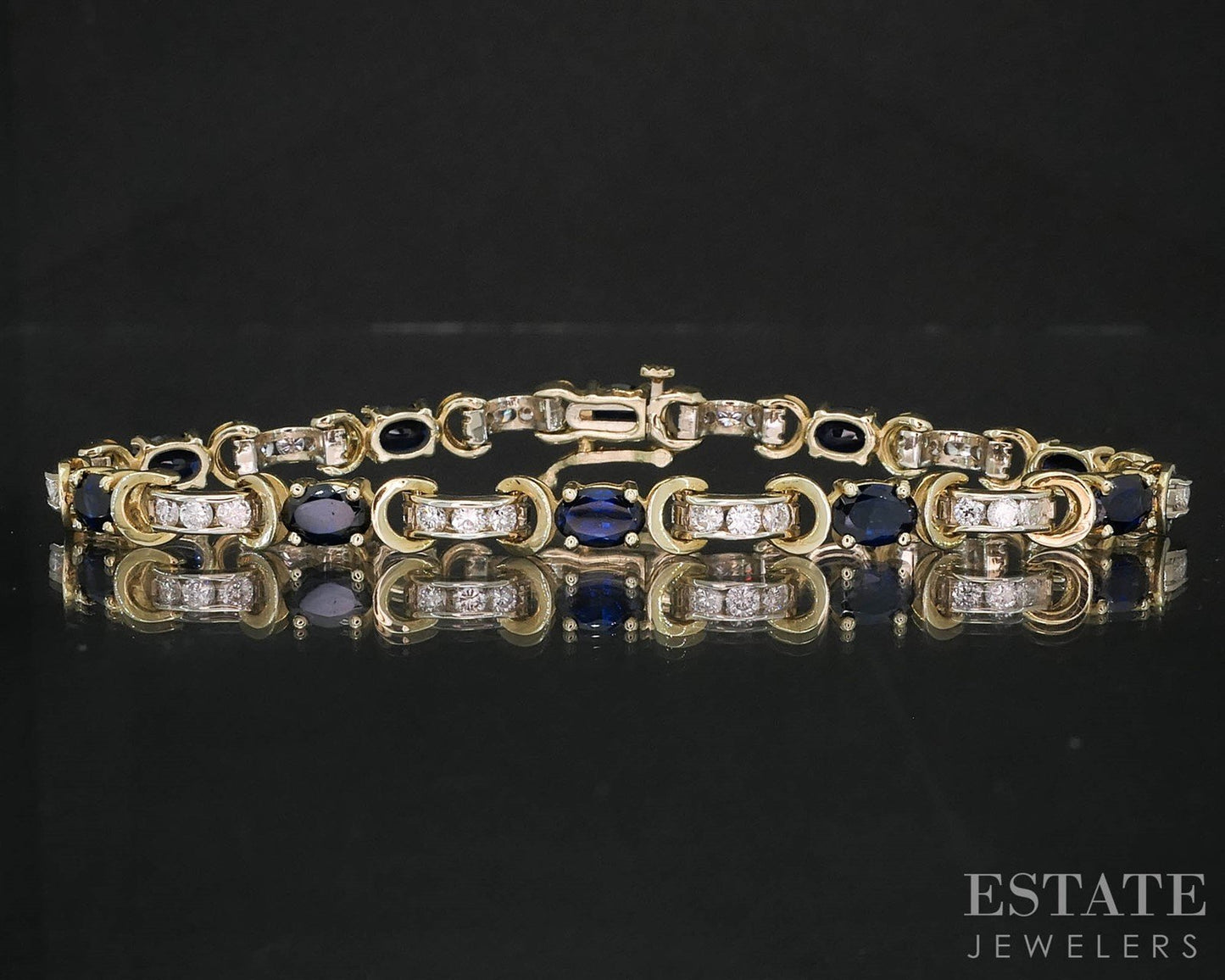 14k Two Tone Gold Natural Blue Sapphire & Diamond Tennis Bracelet 12g 7"L i19928