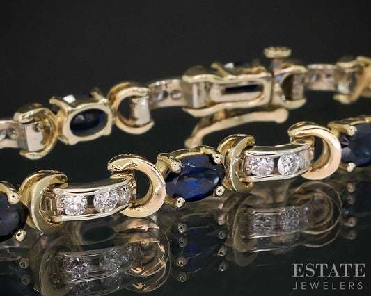 14k Two Tone Gold Natural Blue Sapphire & Diamond Tennis Bracelet 12g 7"L i19928