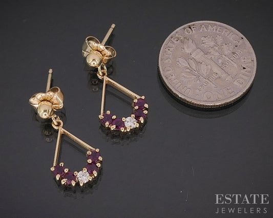 14k Yellow Gold Natural Ruby & Diamond Teardrop Ladies Earrings 1.5g i19920