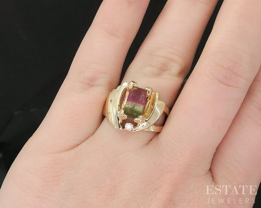 14k Yellow Gold Natural Watermelon Tourmaline & Diamond Ladies Ring 8.6g i19927