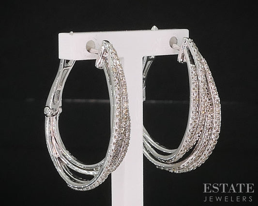 10k White Gold Four Row Natural .50ctw Diamond Hinged Hoop Earrings 6.3g i19921