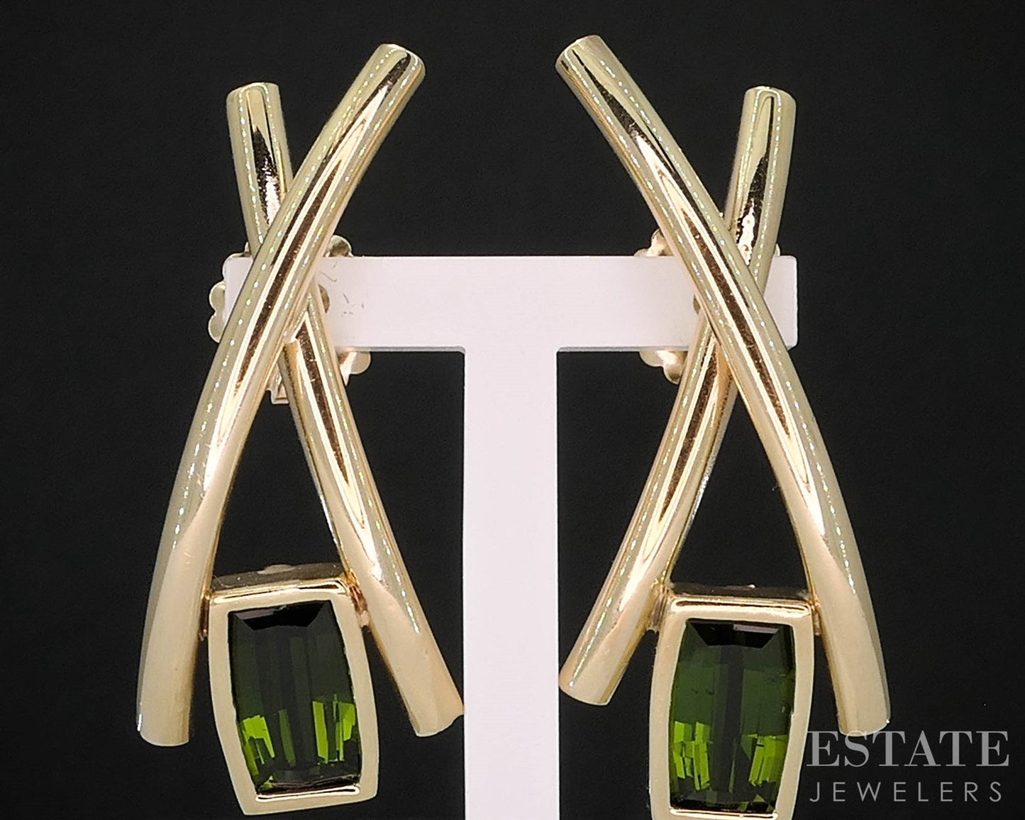 Vintage 14k Yellow Gold Natural Green Tourmaline X Drop Earrings 7.3g i19925