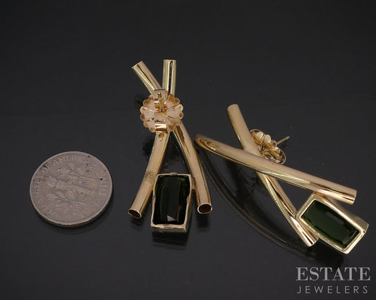 Vintage 14k Yellow Gold Natural Green Tourmaline X Drop Earrings 7.3g i19925