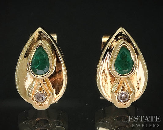 18k Yellow Gold Natural Emerald & Diamond Teardrop Stud Earrings 3.8g i19929
