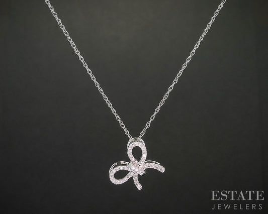 10k White Gold Lab Created .17ctw Diamond Bow Ladies Necklace 0.7g 18"L i19944