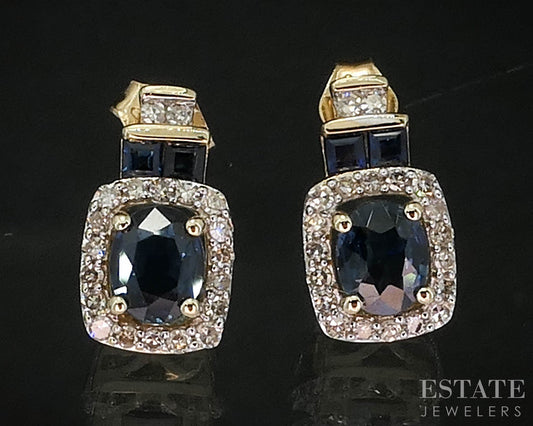 10k Yellow Gold Natural Blue Sapphire & Diamond Stud Drop Earrings 1.6g i19997b