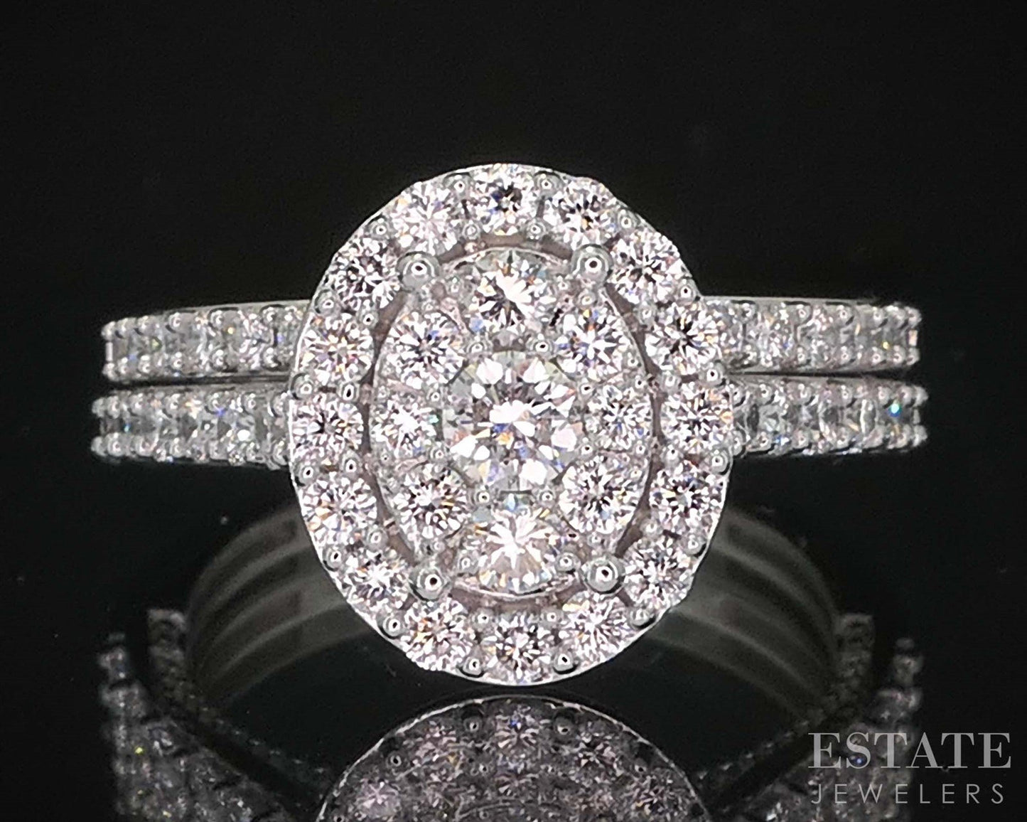 10k White Gold Oval Lab Created .88ctw Diamond Cluster Wedding Set 4.8g i19986b