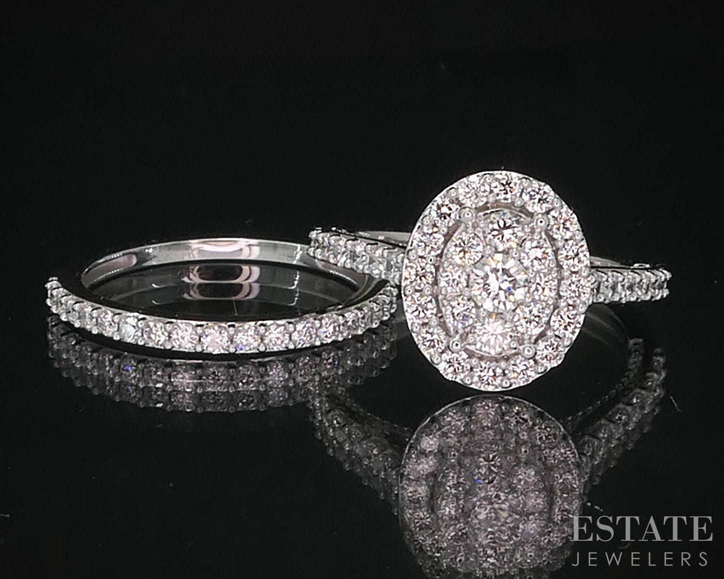 10k White Gold Oval Lab Created .88ctw Diamond Cluster Wedding Set 4.8g i19986b