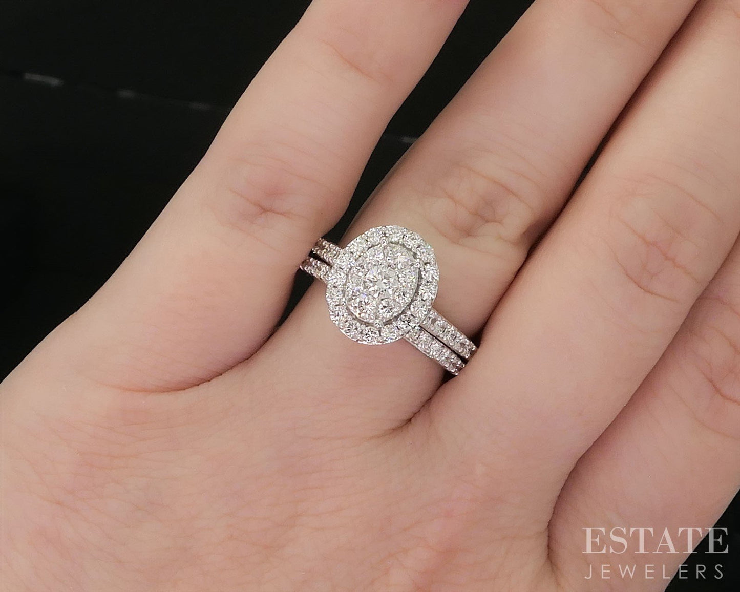 10k White Gold Oval Lab Created .88ctw Diamond Cluster Wedding Set 4.8g i19986b