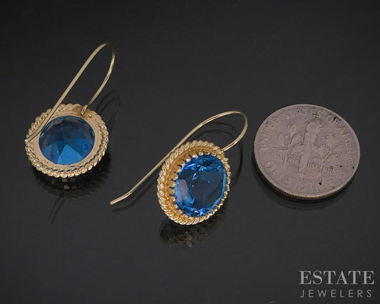 14k Yellow Gold Round Natural Blue Topaz Dangle Earrings 4.5g i19985b