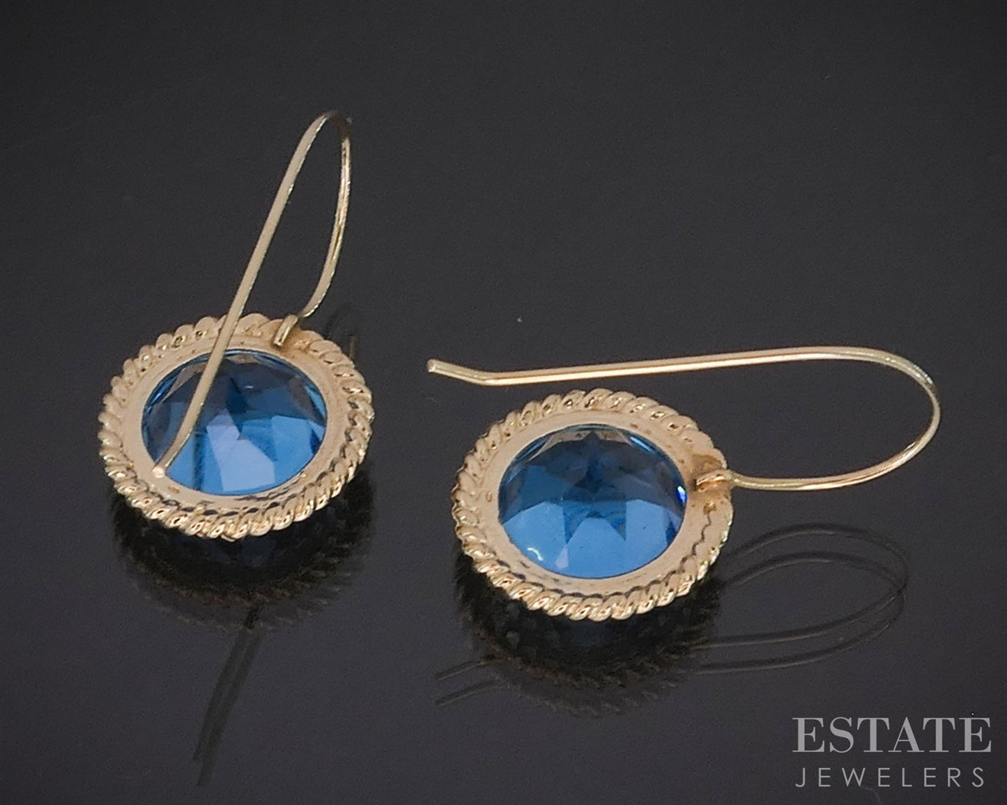 14k Yellow Gold Round Natural Blue Topaz Dangle Earrings 4.5g i19985b