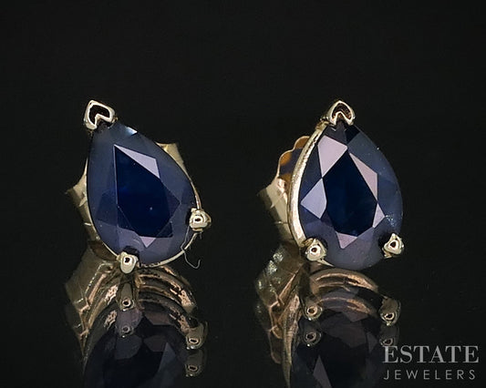 14k Yellow Gold Pear Natural Blue Sapphire Stud Earrings i19991b