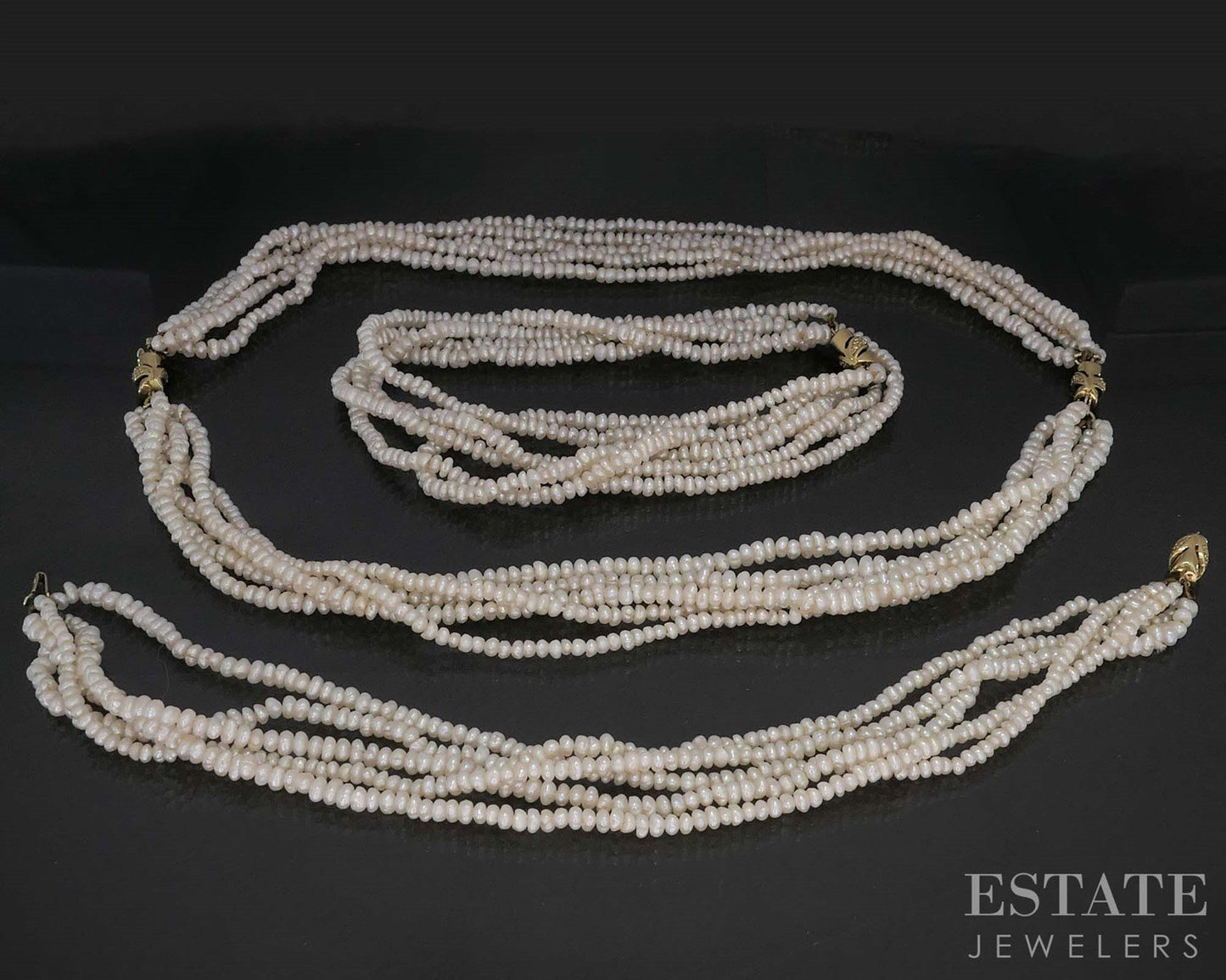 Antique 14k Yellow Gold Diamond Seed Pearl Bracelet Necklace Set i19998b