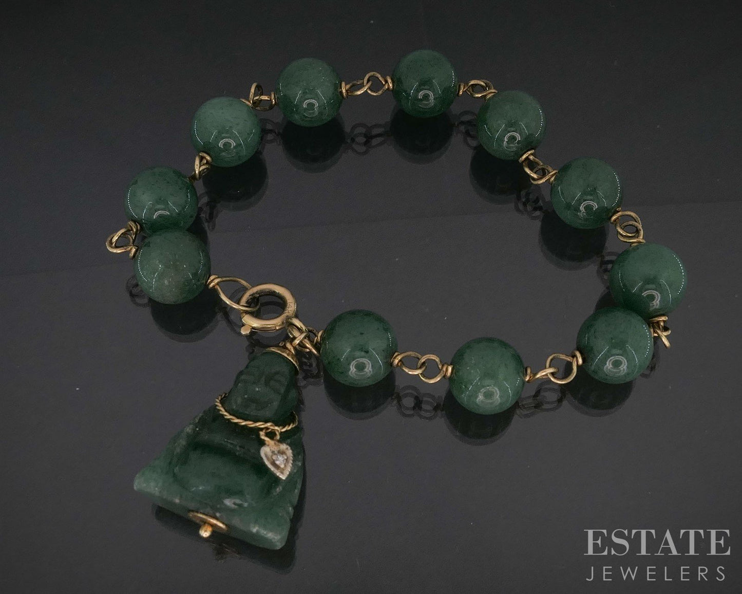 Vintage 14k Yellow Gold Green Quartz Buddha Beaded Bracelet 7.75"L i19993b