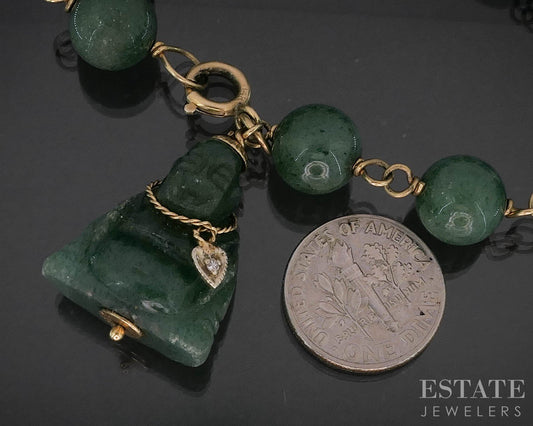 Vintage 14k Yellow Gold Green Quartz Buddha Beaded Bracelet 7.75"L i19993b