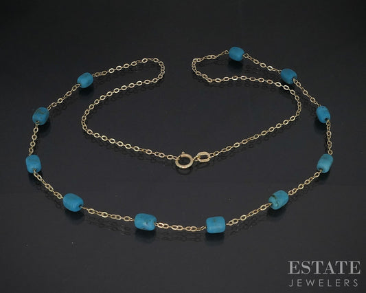 14k Yellow Gold Natural Turquoise Beaded Link Necklace 2.7g 18"L i19992b