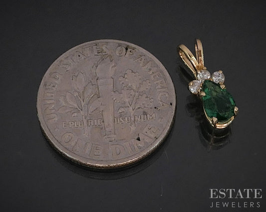 14k Yellow Gold Pear Natural Emerald & Diamond Pendant 0.5g i19996b