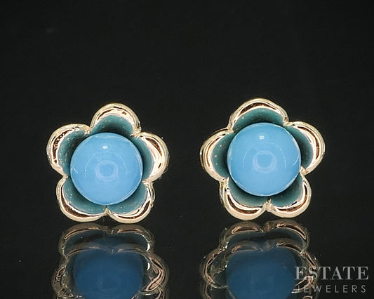 14k Yellow Gold Natural Turquoise Flower Stud Ladies Earrings 1.5g i19968b