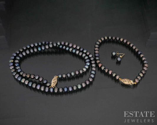 14k Yellow Gold 5mm Cultured Black Pearl Ladies Jewelry Set i19972b
